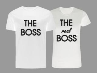 Set tricouri albe personalizate cu mesaj - The Boss and The real Boss