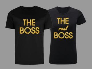 Set tricouri negre personalizate cu text auriu - The Boss and The real Boss