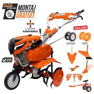 Motosapa RURIS 7500 ACC3 + roti cauciuc 4.00-8 + rarita ajustabila + plug + adaptor + dispozitiv cartofi + cultivator multifunctional + accesoriu tractat + roti metalice 400 fara manicot 7CP