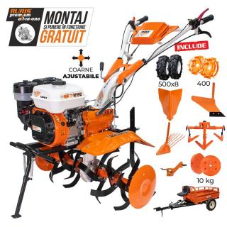 Motosapatoare RURIS 731ACC3 + roti cauciuc 5.00-8+rarita+plug+adaptor+dispozitiv scos cartofi+roti metalice 400 fara manicot+cultivator+set contragreutati 10kg+remorca RURIS 550S 8.5 CP