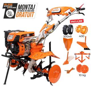 Motosapatoare RURIS 732ACC + roti cauciuc 5.00-8+rarita+plug+adaptor+dispozitiv scos cartofi+roti metalice 400 fara manicot+cultivator+set contragreutati 10kg 8.5 CP