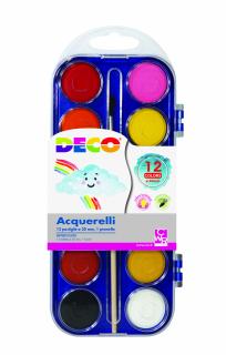 Set acuarela DECO 12 culori cu diametru pastila 30mm si o pensula de 4