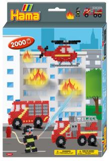 Set de 2000 buc margele de calcat Hama Midi cu 1 planseta in cutie de cadou cu agatator Pompierii