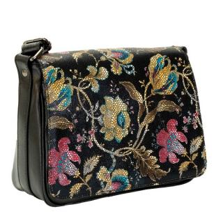 Geanta dama din piele naturala, model 127, de umar si crossbody, Negru cu imprimeu floral