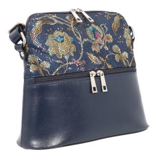 Geanta dama din piele naturala, model 239, de umar si crossbody, Bleumarin cu flori