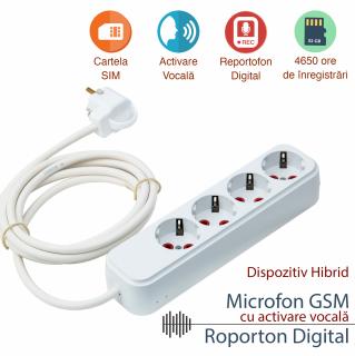 Microfon Hibrid Integrat in Prelungitor (Tripla) cu Microfon Gsm (Activare Vocala) si Reportofon, Alimentare Permanenta, Stocare 4650 de Ore