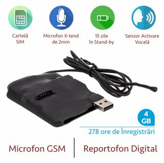 Microfon Spion Hibrid ,   Microfon GSM cu Activare Vocala + Reportofon 278 de Ore Stocare - Memorie 4GB