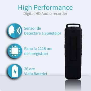 Reportofon Spion cu Activare Vocala in Stick USB, 16Gb-1128 de ore, 26 de ore autonomie, Ultra-Profesional, Clear HD 384kbps, Casti, MiniTehnics MAA-V16Gb