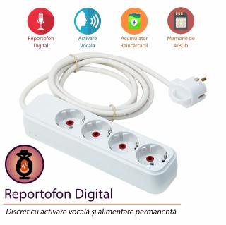 Reportofon Spion Integrat in Prelungitor (Tripla) cu Activare Vocala,  Memorie 8GB - Stocare 140 de Ore