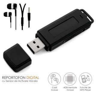 Reportofon Spion Ultra-Profesional Camuflat in Stick USB cu Activare Vocala   4GB 282 de ore   Clear HD 384kbps 32kbps   Baterie 26 de ore   Casti Incluse   MAA-V4GB