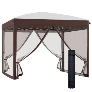 Pavilion foisor pentru gradina terasa, cadru metalic, cu plasa pentru insecte, inaltime ajustabila, maro, 3x3x2.7 m