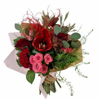 Buchet de flori Olla din Amaryllis rosu si Orhidee vanda