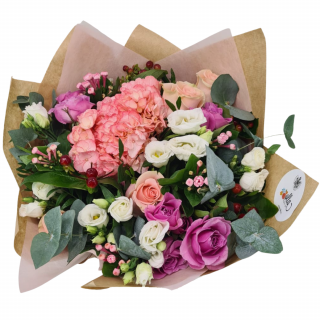 Buchet de flori Olla din Hortensia roz somon si Trandafiri