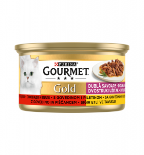 GOURMET Gold Duo, Hrana Umeda Pisica Adult, Bucati Vita si Pui, 85g
