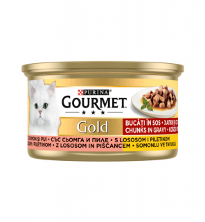 GOURMET Gold, Hrana Umeda Pisica Adult, Bucati Pui si Somon, 85g