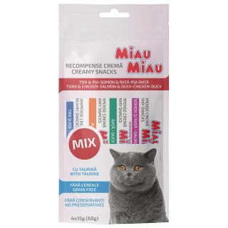 MIAU MIAU Creamy Snacks, Mix Recompense Cremoase Pisica, Somon, Rata, Ton si Pui, 4x15g