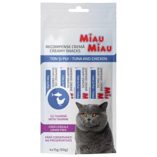 MIAU MIAU Creamy Snacks, Recompense Cremoase Pisica, Ton si Pui, 4x15g