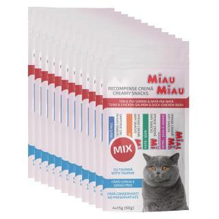 Pachet Economic MIAU MIAU Creamy Snacks, Mix Recompense Cremoase Pisica, Somon, Rata, Ton si Pui, 4x15g, 12 bucati