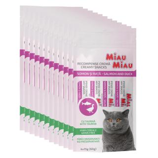 Pachet Economic MIAU MIAU Creamy Snacks, Recompense Cremoase Pisica, Somon si Rata, 4x15g, 12 bucati