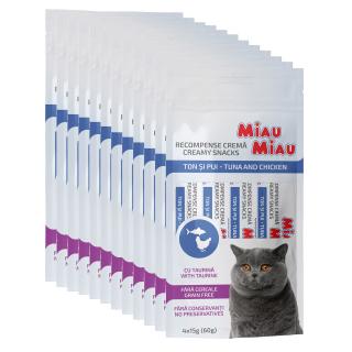 Pachet Economic MIAU MIAU Creamy Snacks, Recompense Cremoase Pisica, Ton si Pui, 4x15g, 12 bucati