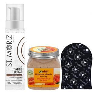 Pachet complet pentru Autobronzare Profesionala ST MORIZ cu Spuma No mess Medium-Dark, Scrub cu Miere si Manusa