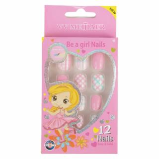 Set 12 Unghii False Pentru Copii, 129 Pijamale Roz