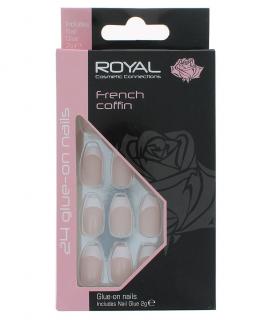 Set 24 Unghii False ROYAL Glue-On Nail French Coffin, Adeziv Inclus 2 g