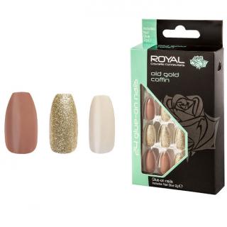 Set 24 Unghii False ROYAL Glue-On Nail Tips, Old Gold Coffin, Adeziv Inclus 2 g