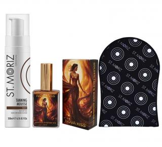 Set premium pentru Autobronzare Profesionala cu Spuma St Moriz x 200 ml, Ulei Stralucitor cu Sidef Auriu NOVA KISS   x 50 ml si Manusa