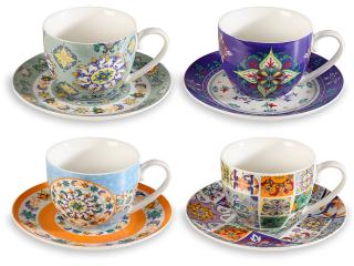 Cana de ceai din portelan cu farfurie cu decoratiuni de majolica  250ml-1buc
