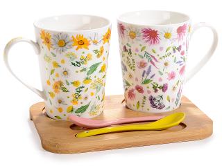 Set 2 cani de portelan cu lingurite pe tava de lemn 400ml