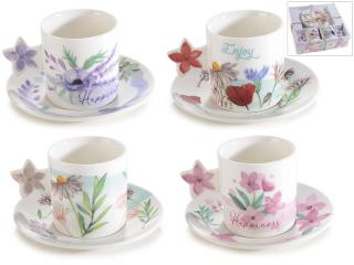 Set 2 cesti si farfurioare din portelan cu decoratiuni florale 80ml-1set