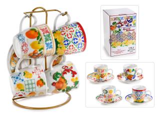 Set 4 cesti de portelan cu farfurie decor citrice 80ml