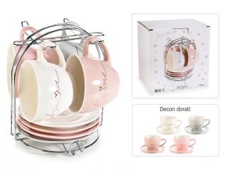 Set 4 cesti de portelan cu farfurioare si  decoratiuni aurii 130ml