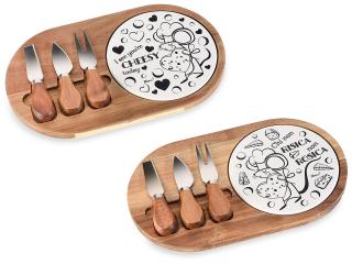 Set de tocator lemn si ceramica pentru branza cu 3 tacamuri