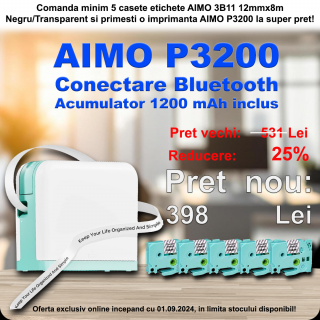 Pachet Promotional 5 casete etichete AIMO 3B11 12mmx8m Negru Transparent si imprimanta AIMO P3200