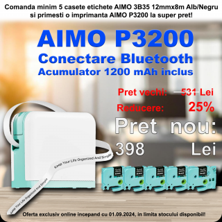 Pachet Promotional 5 casete etichete AIMO 3B35 12mmx8m Alb Negru si imprimanta AIMO P3200