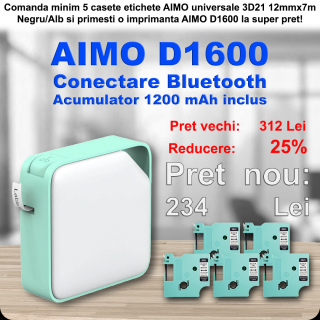 Pachet Promotional 5 casete etichete AIMO 3D21 12mmx7m Negru Alb si imprimanta AIMO D1600