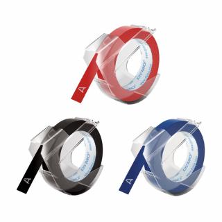 Set 3 Etichete embosabile DYMO Omega 9mm x 3m asortat rosu, albastru, negru S0847750 520109 520106 520102