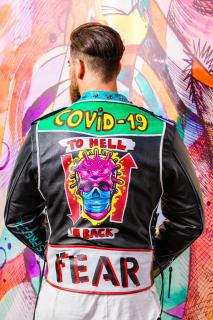 Geaca de piele barbati biker Covid-19 colorata si cu tinte