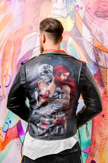 Geaca de piele barbati biker Skull colorata si cu tinte