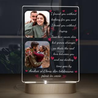 Lampa 3D LED Baza din Lemn Masiv personalizata cu 2 poze si text I FOUND YOU