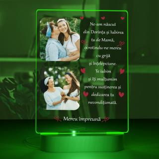 Lampa 3D LED Baza din Lemn Masiv personalizata cu 2 poze si text  Mama Ne-am nascut din dorinta si iubirea ta