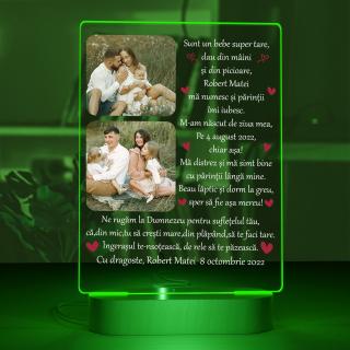 Lampa 3D LED Baza din Lemn Masiv  personalizata cu 2 poze si text model Sunt un bebe super tare