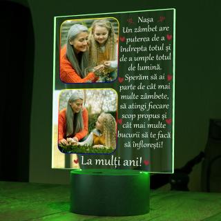 Lampa 3D luminoasa personalizata cu 2 poze si text Un zambet