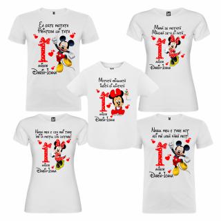Pachet Promo Set de 5 tricouri aniversare pentru nasi, parinti si copil, personalizate cu nume, varsta si mesaj  Minnie Mouse + Tava Mot personalizata