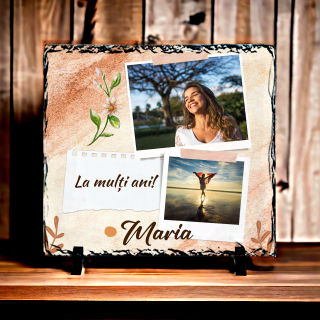 Placa de ardezie personalizata cu 2 poze si text la multi ani