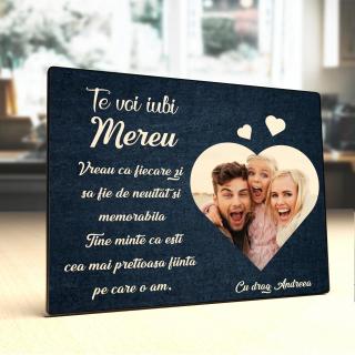 Placheta Personalizata din lemn cu poza si text Te voi iubi mereu