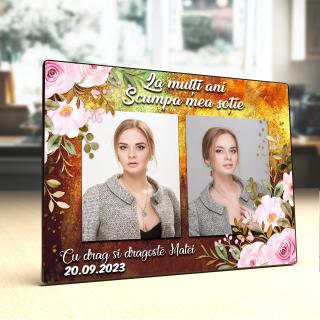 Placheta Personalizata lemn La multi ani scumpa mea sotie doua poze cu nume si data