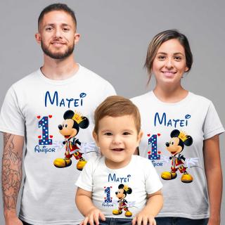 Set 3 tricouri mama, tata si copil personalizate cu nume si varsta model cu Mickey Mouse